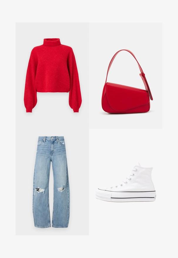 Röd, ribbad stickad tröja med hög krage, överdimensionerade ärmar och kortad fåll. Tillverkad av mjukt garn med en strukturerad yta.; Ljusblå, högmidjade jeans i denim. Har vida ben, två slitna knäområden och klassisk femfickedesign.; Vit hög topp canvas sneaker med svart gummisulan, framsidan gummitåhätta och sex öglor för snören, med en ren, minimalistisk design.; Röd läderhandväska med en vinkelrät, geometrisk design. Har ett justerbart axelband och en klaffstängning med sydda detaljer.