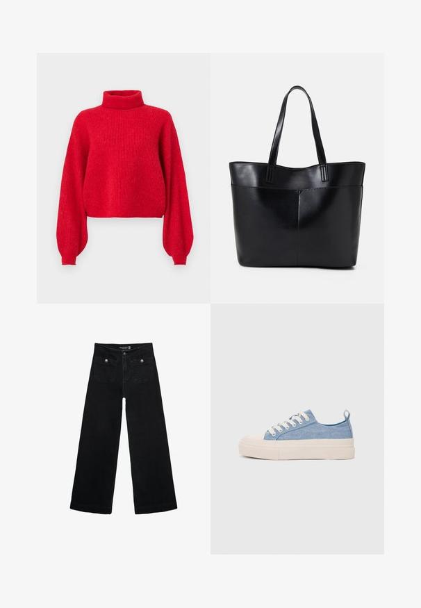 Červený pletený sveter s vysokým golierom, voľnými rukávmi a skráteným lemom. Zhotovený z mäkkého priadze, s textúrovaným povrchom.; Čierne široké nohavice s vysokým pásom, s dvoma prednými vreckami a kovovými detailmi na gombíku. Tkanina má hladkú textúru.; Svetlomodré plátené tenisky s krémovou gumovou špičkou a podrážkou, obsahujúce biele šnúrky a pútko na päte.; Čierna kožená tote taška s dvoma dlhými rúčkami, hladkým povrchom a štruktúrovaným tvarom. Obsahuje prednú kapsu pre dodatočné uskladnenie.