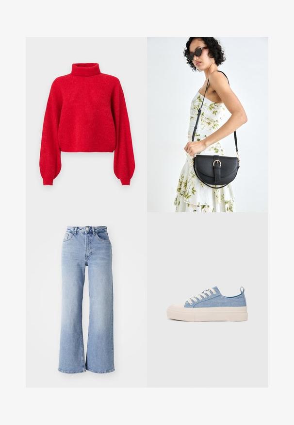Sweater vermelho de malha canelada com colarinho alto, mangas oversized e bainha cropped. Feito de fio macio, apresenta um acabamento texturizado.; Jeans de cintura alta, de perna larga, em azul claro, com bolsos frontais e traseiros, fecho de botão e desbotamento subtil nas coxas e nas bainhas.; Ténis de lona azul claro com uma biqueira e sola de borracha creme, apresentando atacadores brancos e uma alça na parte de trás.; Bolsa de couro preta com forma curva, alça destacável e detalhes em dourado. A bolsa possui uma aba com detalhe de fivela.