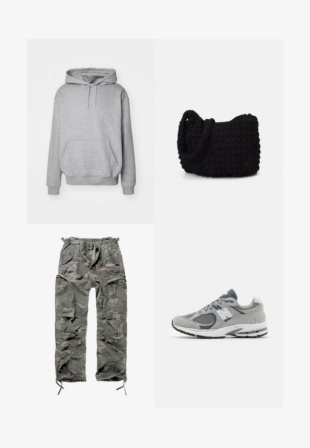 Felpa grigia con cappuccio in tessuto morbido, dotata di tasca a marsupio e polsini a costine. Include un coulisse per regolare il cappuccio.; Pantaloni cargo mimetici in verde e grigio, con numerose tasche, vita elasticizzata, polsini regolabili e una vestibilità rilassata.; Sneaker grigia realizzata in materiali mesh e suede, con logo bianco, colletto imbottito e suola in gomma texturizzata. Accenti in grigio più scuro.; Borsa in tessuto nero con un motivo trapuntato e texture. Forma arrotondata, manici corti e spessi, e una struttura morbida e flessibile.
