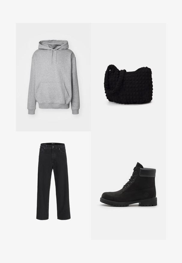 Šedá mikina s kapucí vyrobená z měkké směsi bavlny, s velkou přední kapsou, nastavitelnými tkaničkami a žebrovanými manžetami a spodním lemem.; Černé džíny rovného střihu z denimu s knoflíkovým a zipovým zapínáním, poutky na opasek a předními i zadními kapsami.; Černé kotníkové boty na šněrování s polstrovaným límcem a robustní podrážkou, zobrazené v profilu na bílém pozadí.; Černá látková taška s texturovaným, prošívaným vzorem. Zaoblený tvar, krátké, silné uchy a měkká, flexibilní struktura.