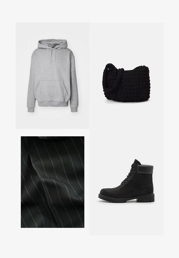 Siv pulover s kapuco, izdelan iz mešanice mehkega bombaža, z velikim sprednjim žepom, nastavljivimi vrvicami in rebrastimi manšetami ter robom.; Črn material s ribjo kostjo in tankimi belimi črtami. Tekstura se zdi gladka z subtilno globino iz tkanja.; Črne čipkaste gležnjarje z oblazinjeno obrobo in trdim podplatom, prikazane v profilu na beli podlagi.; Črn platneno torba z strukturiranim, quilted vzorcem. Okrogla oblika, kratki, debeli ročaji in mehak, fleksibilen konstrukt.