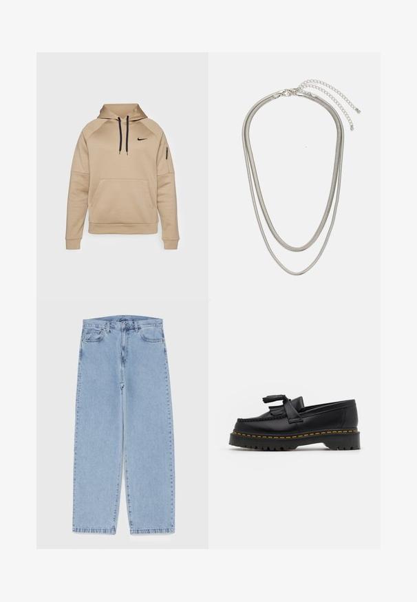 Nike Performance Felpa con cappuccio - khaki/black; Jeans in denim azzurro chiaro con design a gamba dritta, caratterizzati da una vita media, cinque tasche e chiusura con bottone e zip.; Mocassino in pelle nera con un'accento a frange, dotato di una suola nera spessa e cuciture gialle lungo il bordo. Finitura testurizzata.; Collana in metallo argentato a tre strati caratterizzata da catene sottili e flessibili con una leggera lucentezza, fissata con un gancio a molla e una catena regolabile.