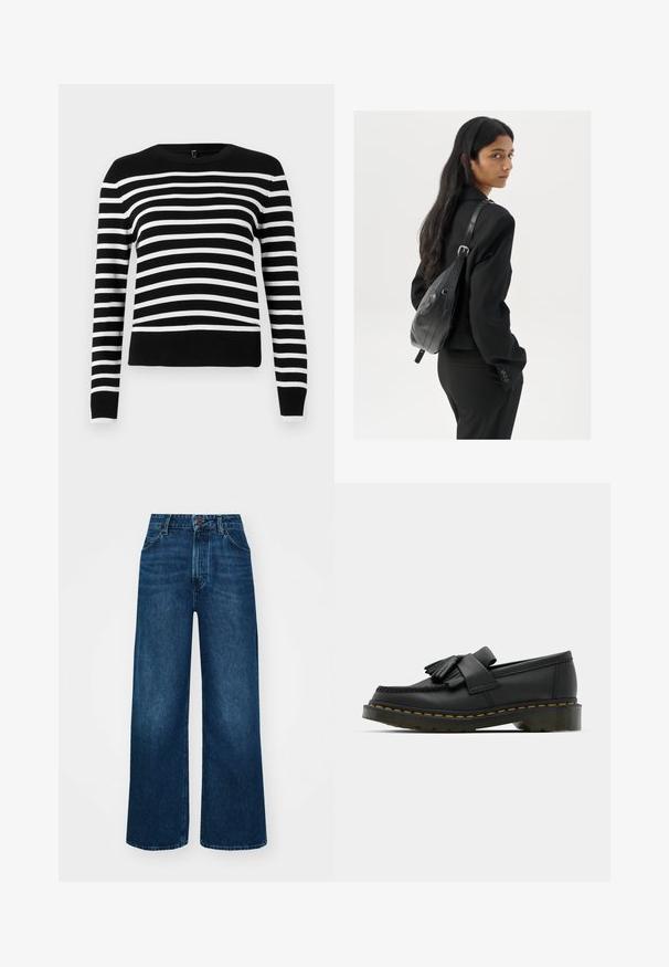 Sweater com riscas pretas e brancas, com decote redondo, mangas longas e bainha canelada. Material de malha suave, apresentando riscas largas e estreitas alternadas.; Jeans de cintura alta e pernas largas em denim azul escuro com uma textura suave, costuras em contraste e design de cinco bolsos. Fecho frontal com botão.; Mocassins de couro pretos com bico arredondado, apresentando um detalhe de franja e uma faixa decorativa na parte da frente, assentes em um salto robusto.; Mulher com cabelo longo e escuro, vestindo um fato preto, carregando uma mala de ombro em pele preta, olhando por cima do ombro contra um fundo branco.