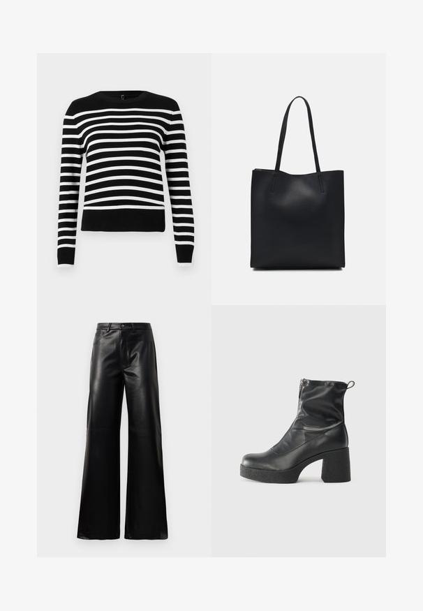 Fekete-fehér csíkos pulóver kerek nyakkal, hosszú ujjal és bordázott aljjal. Puha kötött anyag, váltakozó széles és keskeny csíkokkal.; Fekete, magas derekú, széles lábú, műbőr nadrág elülső gombbal, cipzárral, övbújtatókkal és oldalsó zsebekkel, fehér háttérrel.; Fekete bokacsizmák sima bőrből, oldalsó cipzárral, vastag, texturált sarkú és lekerekített orrú dizájnnal.; Fekete bőrtáska sima felszínnel, téglalap alakú, két hosszú füllel. Nincs látható fémkiegészítő vagy díszítés.