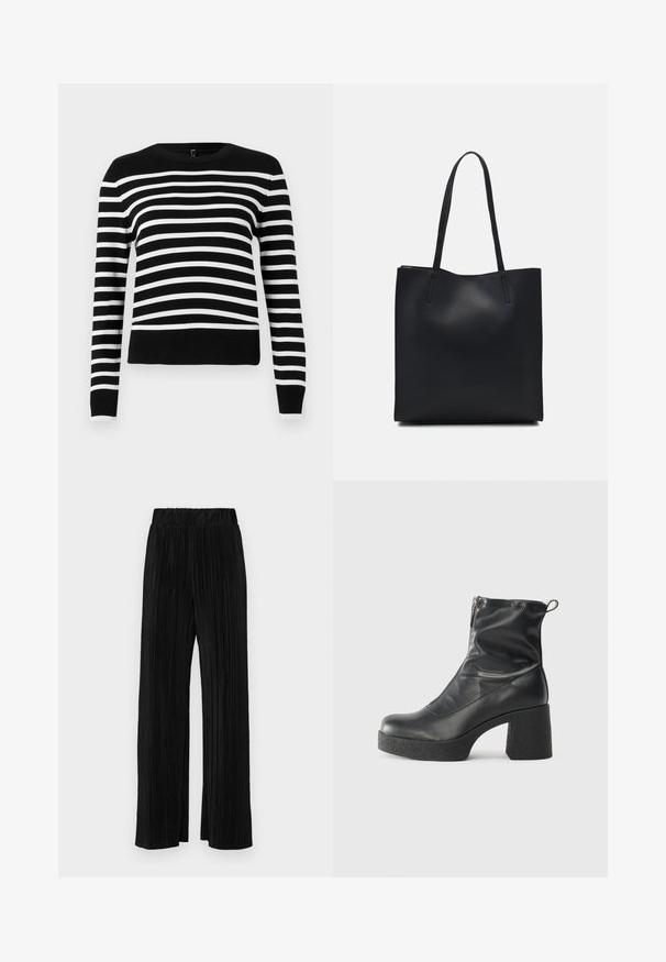 Juoda ir balta juostuota megztinis su apvaliu kaklu, ilgomis rankovėmis ir vartomu kraštu. Minkšta megztinė medžiaga, turinti kaitaliotas plačias ir siauras juostas.; Juodi plisuoti kelnės su elastine juosta. Turėkite plačias kojas ir glotnų, tekstūrinį audinį su vertikaliais dryžiais.; Juodos kulkšninių botai, pagaminti iš lygaus odos, su šoniniu užtrauktuku, masyviu tekstūruotu kulnu ir apvaliu pirštu.; Juodas odinis tote krepšys su lygia tekstūra, stačiakampio formos ir dviem ilgais rankenomis. Matomų metalinių detalių ar puošybos nėra.