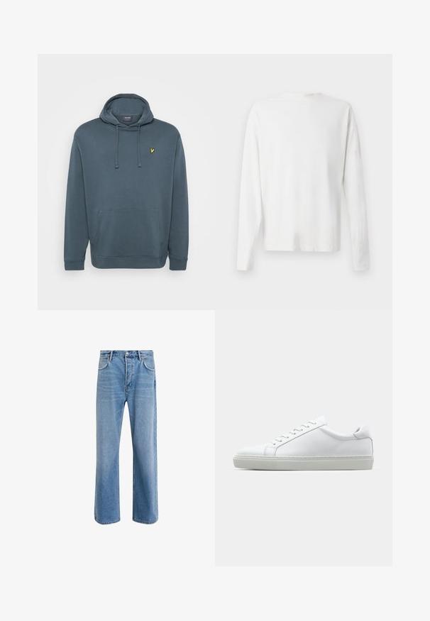 Huvtröja i mörk blågrå. Har en känguruficka, justerbar dragsko och en liten gul logotyp på bröstet. Blandat bomullstyg.; Vit långärmad skjorta i bomull med rund halsringning, sidofickor längst ner och en slät yta, visad bakifrån.; Ljust blå denimjeans med rak passform, fem fickor, knappstängning, minimal blekning och kontrasterande sömdetaljer.; Vit sneaker med en slät läderövre och låg profil. Har en rundad tå, sex snörhål och en strukturerad gummisula.