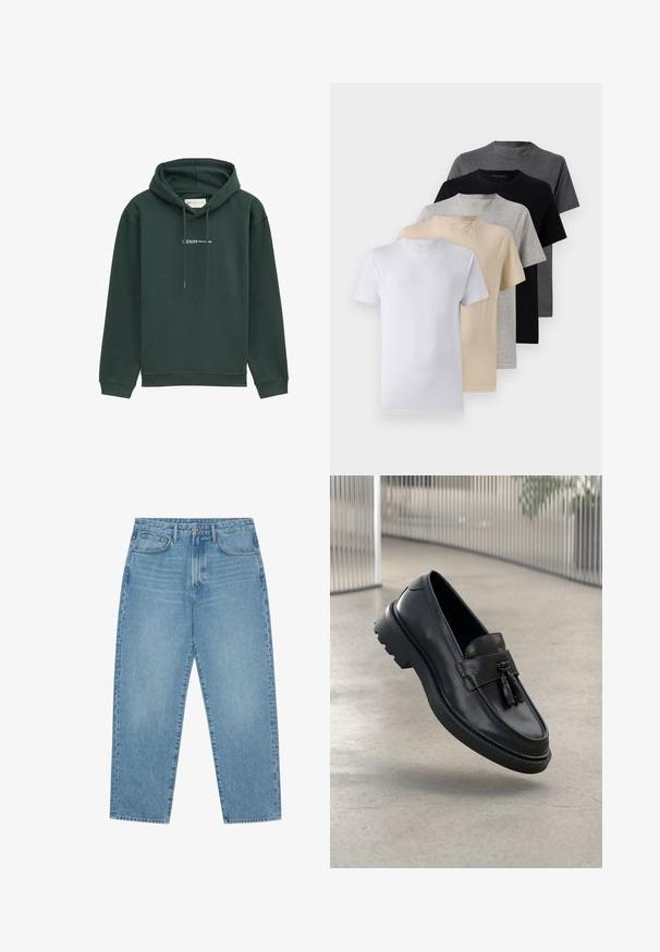 Green hooded sweatshirt made of soft fabric, featuring a front pocket and drawstrings. The chest displays white text logo.; Set of five short-sleeve t-shirts in white, beige, light gray, dark gray, and black. Made of smooth cotton, featuring crew neck design.; Light blue denim jeans with a straight-leg cut, five-pocket design, and a slightly faded texture. Features a button and zipper closure.; Black leather loafers with a smooth finish, decorative tassel, thick rubber sole, and stitched accents. Lightweight and sleek design.