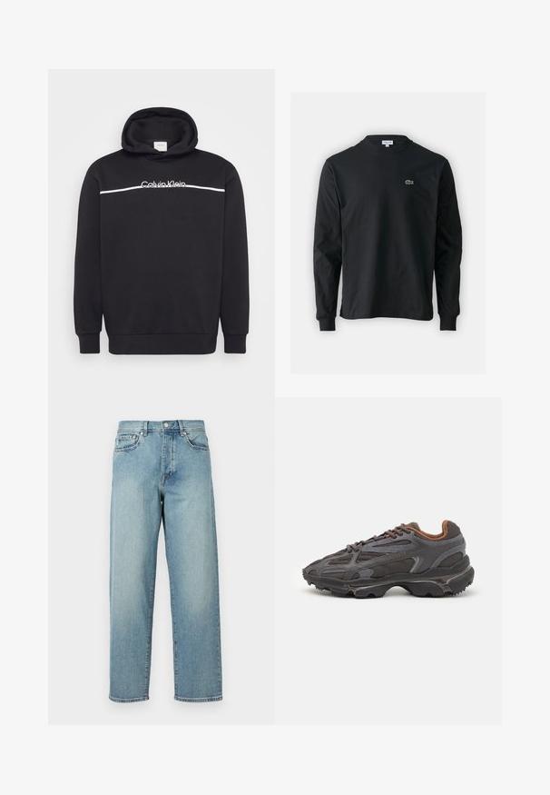 Črna kapucha iz bombažnega materiala, z belim logotipom Calvin Klein in vodoravno belo črto čez prsa. Nastavljiva kapuca na vrvico.; Črna dolgi rokavi majica iz bombaža, z okroglim ovratnikom in majhnim zelenim vezenim logotipom krokodila na levem prsnem delu.; Svetlo modri jeans z ohlapnim krojem, ravnimi hlačnicami, petimi žepi in gumbom za zapiranje pri pasu. Minimalistični detajli šivanja.; Lacoste teniske v temno sivi barvi z mrežasto in sintetično prevleko, s teksturiranim podplatom in rjavimi detajli na ovratniku ter blagovni znamki.