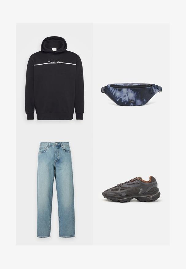 Sudadera negra de mezcla de algodón, con un logo blanco de Calvin Klein y una franja blanca horizontal en el pecho. Capucha ajustable con cordón.; Jeans de mezclilla azul claro con un corte amplio, piernas rectas, diseño de cinco bolsillos y cierre de botón en la cintura. Detalle de costura minimalista.; Zapatillas Lacoste en gris oscuro con material de malla y sintético, que cuentan con una suela texturizada y detalles en marrón en el cuello y la marca.; Riñonera en estampado de tie-dye azul oscuro con cremallera en la parte superior, material texturizado y un detalle de logotipo prominente en la parte frontal.