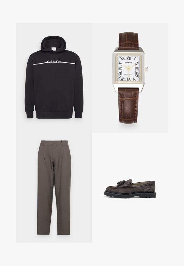 Schwarze Kapuzenjacke aus Baumwollmischung, mit einem weißen Calvin Klein-Logo und einem horizontalen weißen Streifen über der Brust. Verstellbare Kapuze mit Kordelzug.; Jack & Jones JPSTBILL JJDAYTONA WIDE - Stoffhose - pavement; Dunkelgraue Wildlederslipper mit einem Quastenelement an der Vorderseite, flacher Gummisohle und kontrastierenden Nähten entlang der Kante.; Rechteckige Casio-Uhr mit weißem Zifferblatt, goldenen Akzenten, römischen Ziffern und einem braunen Lederarmband im Krokodil-Muster. Wasserdichtes Design.