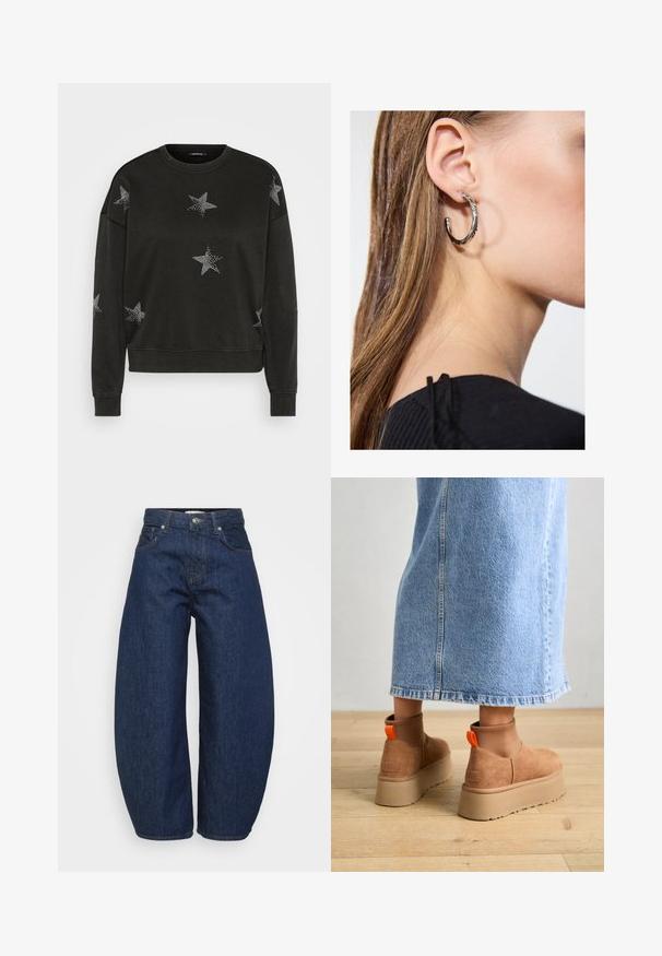 Fekete hosszú ujjú környakú pulóver, amelyet fehér strasszköves csillagminták díszítenek elöl, a hüvelyeken és a vállakon.; Even&Odd Petite 2 PACK - Felső - light grey/black; Sötétkék farmernadrág, széles, lazán szabott fazonban. Cipzáras elülső rész, négy zsebbel és kontrasztos varrással a varratok mentén.; Barna velúr platform csizmák elasztikus oldalsó panelekkel és narancssárga húzófülekkel, amelyek egy térdközépig érő világoskék farmer szoknyával vannak párosítva egy fás padlón.; Ez egy ezüst fülbevaló, sima felülettel, amelyen apró arany díszítőelemek találhatók. Kerek formájú és a fülcimpán viselik.