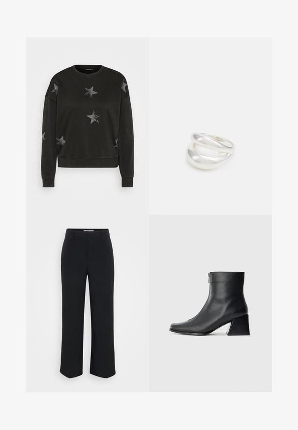Sudadera negra de manga larga con cuello redondo decorada con patrones de estrellas de strass blancos en la parte delantera, las mangas y los hombros.; Pantalones de pierna ancha negros con una textura suave, con una cintura plana y bolsillos laterales, diseñados con una estética minimalista.; Botín de cuero negro hasta el tobillo con punta cuadrada, cremallera lateral y tacón bloque, sobre un fondo claro liso.; Anillo de plata de doble banda con una superficie lisa y pulida. Presenta un diseño fluido y curvado con secciones superpuestas para un aspecto moderno.