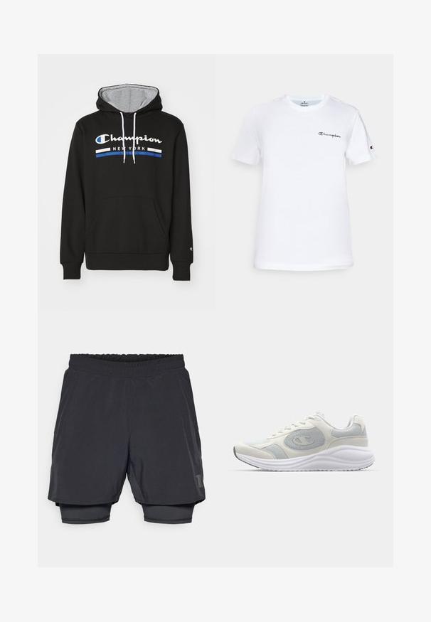 Champion GRAPHIC HOODIE - Felpa con cappuccio - black; T-shirt bianco in cotone con collo rotondo, maniche corte e logo "Champion" ricamato in nero sul petto e sull'accento della manica.; Shorts sportivi neri con cintura elastica, design a strati e foderatura interna aderente. Presentano un logo discreto sul lato inferiore.; Scarpa atletica bianca con accenti grigi chiari, materiali in rete e suede, punta arrotondata, suola testurizzata e logo del marchio visibile sul lato.