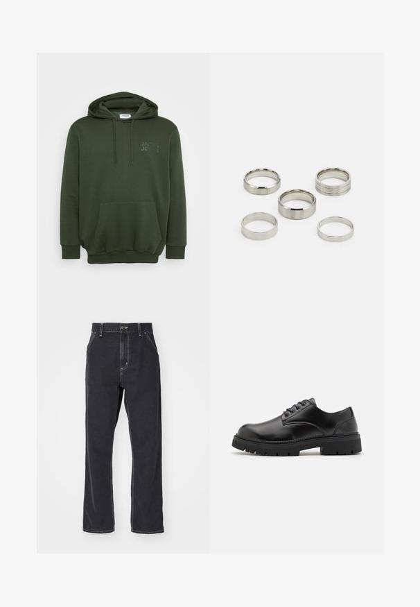 Olive green hoodie with a front pocket, drawstring hood, and embossed logo on the chest. Made from soft, textured fabric.; White cotton t-shirt with short sleeves, crew neckline, and a relaxed fit. Smooth texture with no visible patterns or accents.; Black denim jeans with a straight-leg cut, featuring a zipper fly, five pockets, and contrast stitching along the seams.; Black leather shoes with a rounded toe, lace-up design, and a thick, textured rubber sole. Features stitching along the edge and a smooth finish.; Set of five metallic rings in various widths, featuring smooth, polished and brushed finishes; colors range from shiny silver to matte.