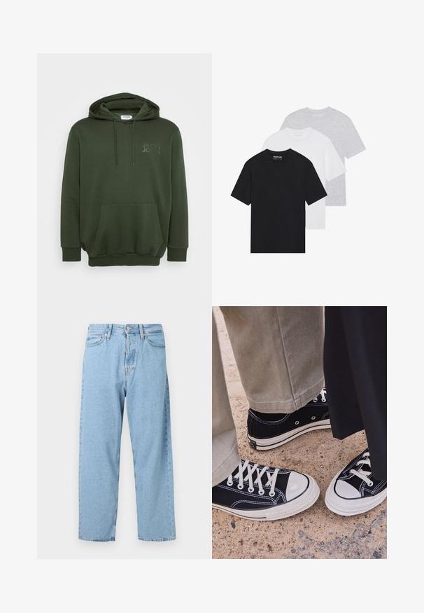 Olivovo zelená mikina s kapucňou a prednou vreckom, s regulačnou šnúrkou a embosovaným logom na hrudi. Vyrobená z mäkkej, textúrovanej látky.; Súprava troch základných tričiek v čiernej, bielej a svetlo šedej farbe. Krátke rukávy, okrúhly výstrih, vyrobené z hladkej bavlny. Viditeľné logo značky.; Svetlomodré vysoké rovné džínsy s piatimi vreckami a predným zapínaním na gombík a zips.; Čierne plátené tenisky s bielymi gumenými špičkami a šnúrkami. Kontrastné švy a kovové očká pridávajú detail. Nosené s béžovými nohavicami a čiernou látkou.