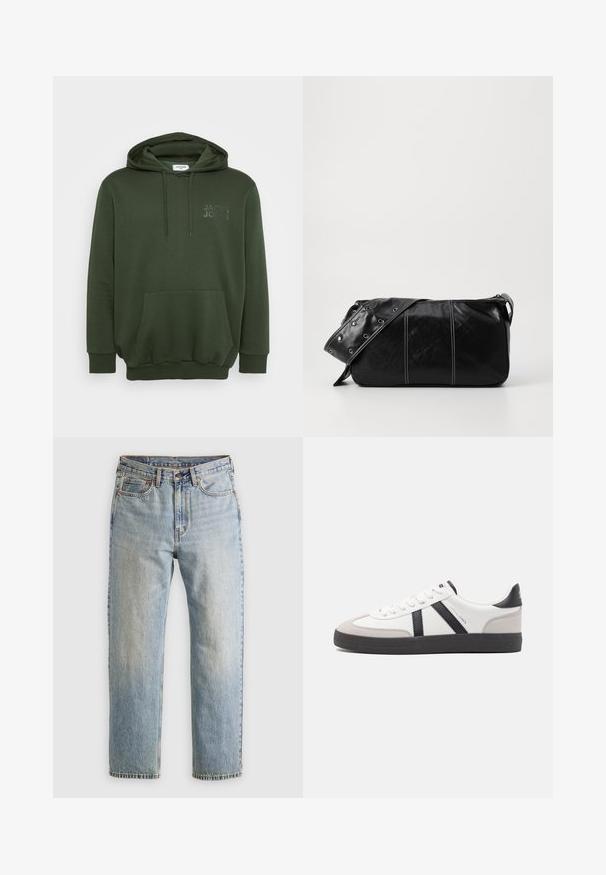 Felpa con cappuccio verde oliva con tasca frontale, cappuccio con cordino e logo in rilievo sul petto. Realizzata in un morbido tessuto testurizzato.; Jeans in denim azzurro chiaro con vita alta, bottone anteriore, cerniera e design a cinque tasche, adagiati su uno sfondo neutro.; Sneaker bianco con accenti neri e grigi, dotata di una punta grigia testurizzata, suola in gomma nera e lacci bianchi piatti. Design pulito, stile minimalista.; Borsa a spalla in pelle nera con chiusura a zip, caratterizzata da un corpo testurizzato, cuciture bianche e una tracolla con occhielli in argento.