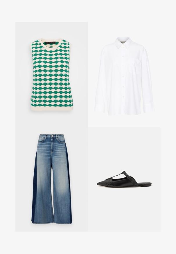 Zelený a krémový pletený top bez rukávů s vlnkovaným vzorem. Design zahrnuje kulatý výstřih a žebrované lemy.; Bílá košile s dlouhým rukávem a límečkem vyrobená z bavlny. Má knoflíkovou přední část a jedno kapsičku na prsou. Hladký povrch, volný střih.; Džíny s širokými nohavicemi v dvoubarevném provedení, světle modrý předek a tmavě modré boční panely, s klasickým pasem a knoflíkovým zapínáním.; Černé kožené slingback boty se špičatou špičkou, s tkaným akcentem a plisovaným designem svršku. Plochá podešev s minimálním kovovým zapínáním.