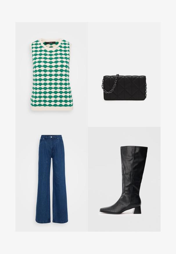 Grønn og kremfarget strikket ermeløs topp med bølgete mønster. Designet har rund hals og ribbekanter.; Bredde ben jeans i blå denim med høy midje, frontlås med knapp og glidelås, samt front- og baklommer mot en ensfarget bakgrunn.; Svart lærstøvel til midt på leggen med spiss tå og blokkhels på enkel lys bakgrunn.; Quiltet svart håndveske med en glatt lærfinish, med kjedehåndtak og geometriske diamantmønstre på overflaten.