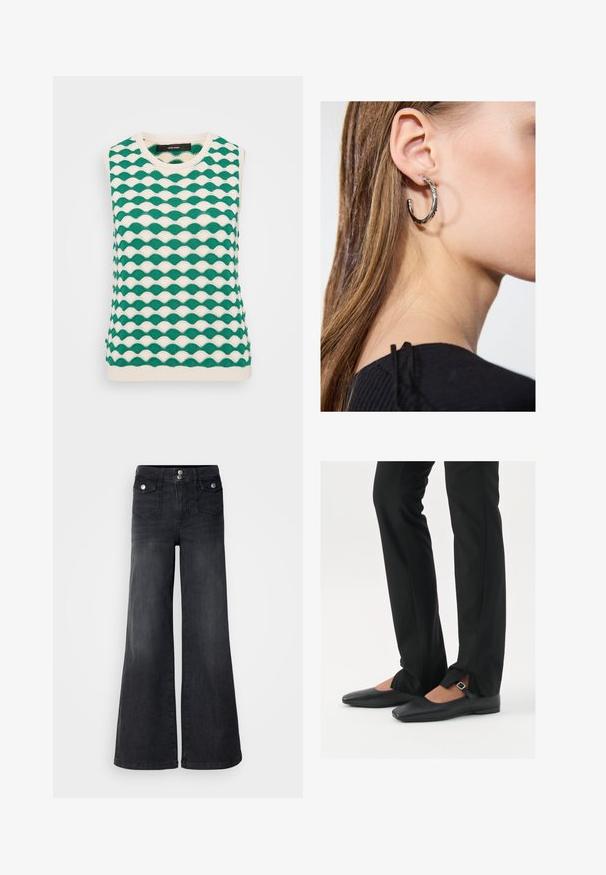 Grüner und cremefarbener, gestrickter ärmelloser Top mit welligem Muster. Das Design umfasst einen Rundhalsausschnitt und gerippte Kanten.; Schwarze Denim-Jeans mit weitem Bein und hoher Taille, mit vorderen Knöpfen und zwei Vordertaschen; glatte Textur mit leichtem Verwaschungsfinish.; Schwarze Leder-Ballerinas mit spitzer Zehenpartie, Riemchen mit silberner Schnalle, kombiniert mit schwarzen taillierten Hosen mit Schlitzsaum.; Silberne Creolen mit polierter Oberfläche, die kleine goldene Akzentdetails und eine runde Form aufweisen, am Ohrläppchen getragen.