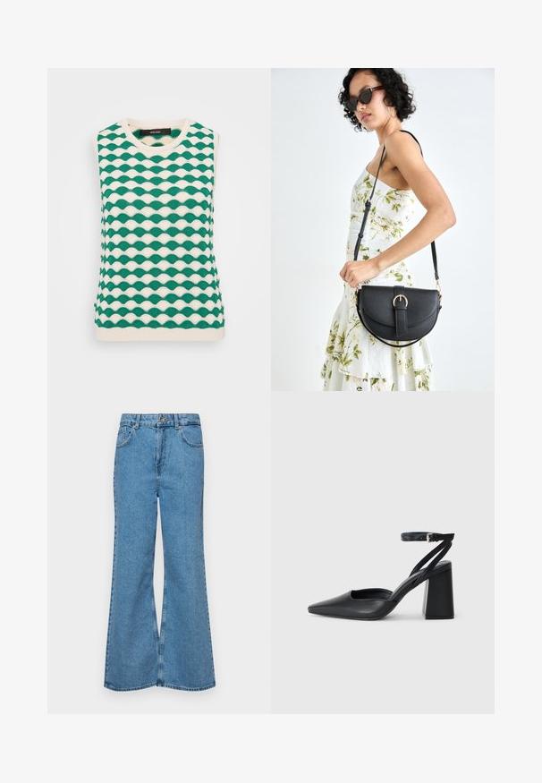 Zielony i kremowy dziergany bezrękawnik z falistym wzorem. Projekt zawiera okrągły dekolt i prążkowane brzegi.; Jasnoniebieskie dzwony z denimu, z wysokim stanem, pięcioma kieszeniami i zapięciem na jeden guzik. Miękka tekstura z wyblakłym wykończeniem.; Czarne skórzane czółenka z ostrym noskiem, z paskiem na kostce i grubym obcasem. Gładka faktura, elegancki design i minimalistyczna estetyka.; Czarna skórzana torebka o zakrzywionym kształcie, z odpinanym paskiem i złotymi akcentami. Torebka posiada klapę z zapięciem w kształcie klamry.