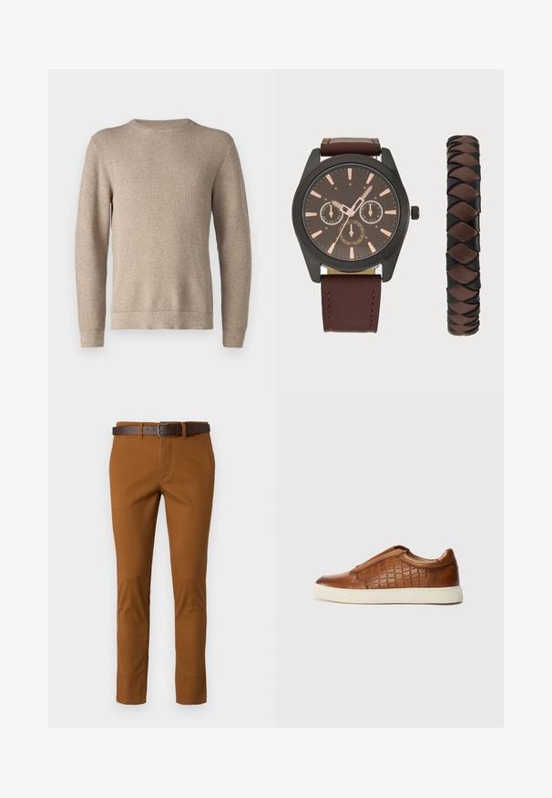 Suéter de gola redonda bege em malha texturada, com mangas longas e bainha reta. O tecido parece suave e quente.; Calças de algodão castanhas de corte justo, com um cinto de couro castanho e detalhes de costura subtil. Textura suave e forma ajustada.; Sapatilha slip-on de couro castanho com padrão texturizado de croc, bico arredondado e sola de borracha. A sola branca contrasta com a parte superior.; Pier One SET - Relógio - black/brown