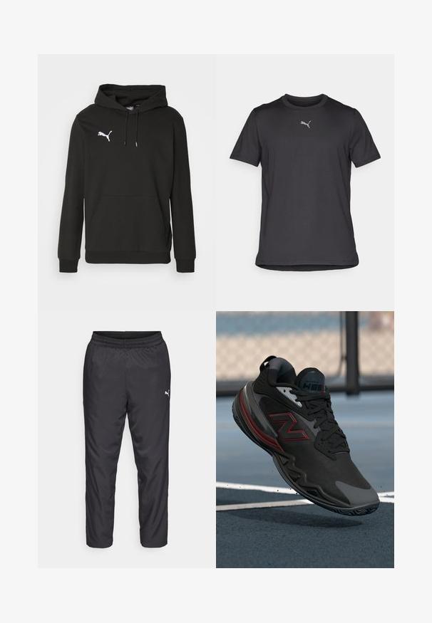 Černá mikina s kapucí vyrobená z jemné tkaniny, s přední klokankou a bílým logem Puma na hrudi. Obsahuje stahovací kapuci.; Černé sportovní tričko s krátkým rukávem vyrobené z lehkého materiálu. Obsahuje malé reflexní logo na hrudi a kulatý výstřih.; Černé sportovní kalhoty vyrobené z hladkého, lehkého materiálu. Mají elastický pas a malé bílé logo na levé straně.; Černá sportovní bota s texturovaným svrškem, červenými akcenty a gumovou podrážkou. Vyznačuje se nízkým profilem a zesílenou špičkou.