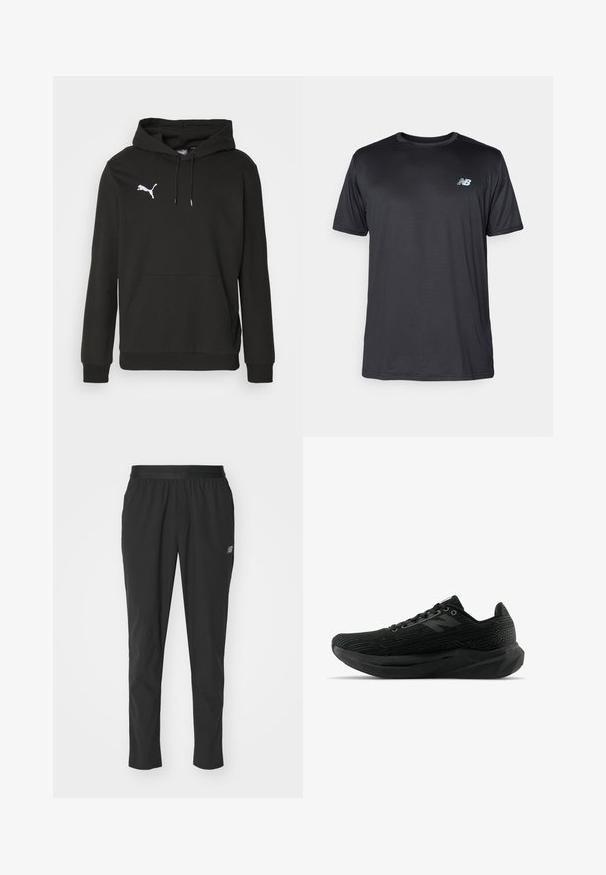 Svart hettegenser laget av myk stoff, med en frontlomme i kenguru-stil og en hvit Puma-logo på brystet. Inkluderer snøring i hetten.; New Balance T-skjorte til trening - black; Svarte treningbukser laget av lett materiale med elastisk midjebånd, smalere design og subtil logo detaljer på siden.; Svart atletisk sko med teksturert overdel, som har et strømlinjeformet design, snøring og en tykkere såle med mønster for bedre grep.