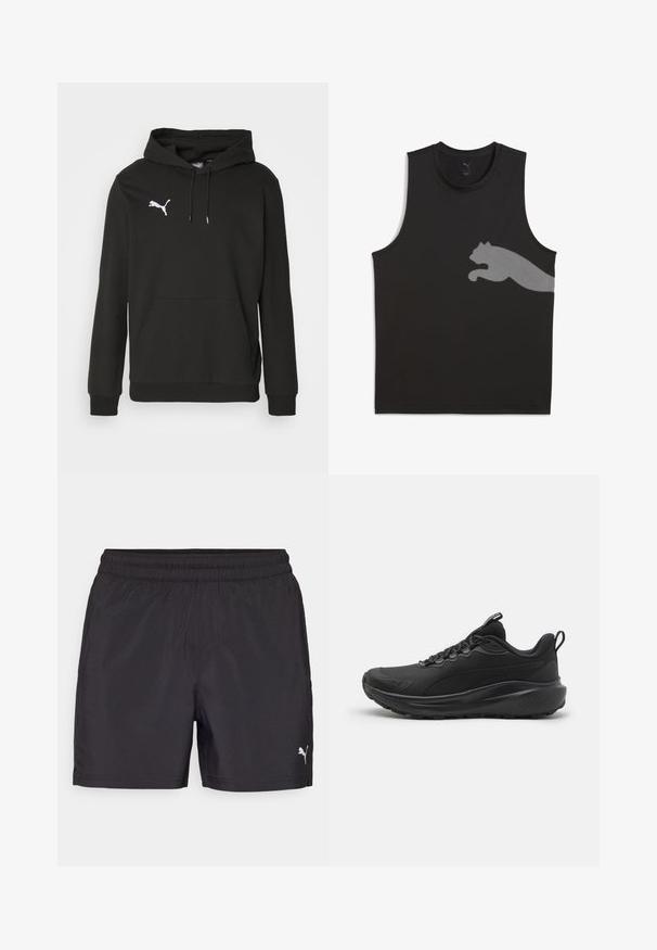 Črna kapuca iz mehkega materiala, s sprednjim žepom v obliki kenguruja in belim logotipom Puma na prsih. Vključuje nastavljivo kapuco.; Črna brezrokavnik športna majica, izdelana iz gladkega materiala, z odsevnima Puma logotipom v svetlo sivi barvi na levi strani.; Črne športne hlače z elastičnim pasom, narejene iz lahkega materiala, z majhnim belim logotipom na spodnjem delu.; Črne atletske čevlje z teksturirano mrežasto zgornjo vrstico, oblazinjenim ovratnikom, vezalkami in gumijastim podplatom. Imajo eleganten dizajn in trdno konstrukcijo.