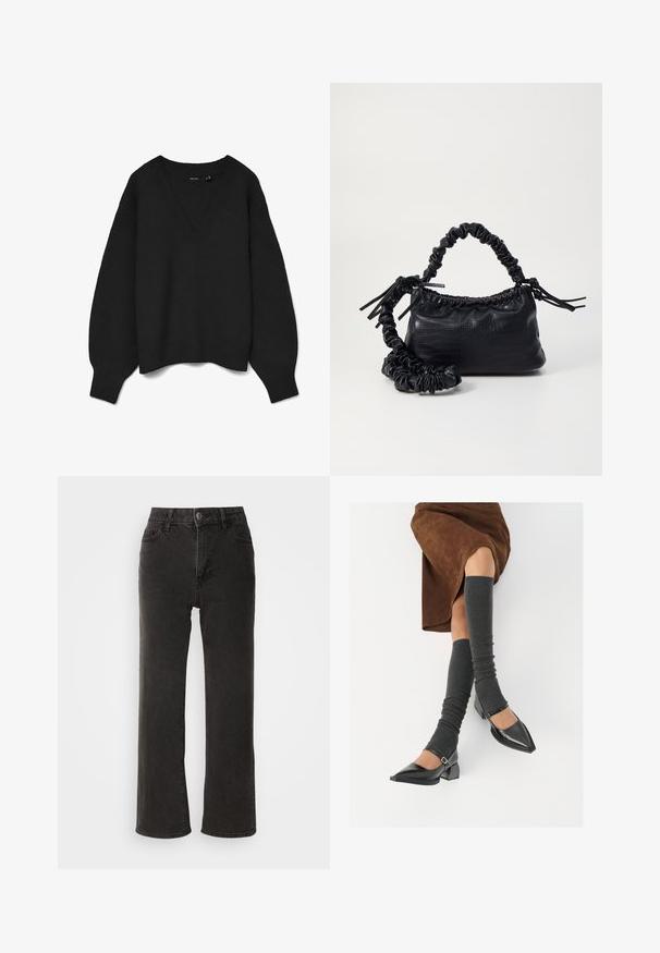 Schwarzer Strickpullover mit tiefem V-Ausschnitt, überschnittenen Schultern und gerippten Bündchen sowie Saum. Weiche Textur mit einem oversized Schnitt. Keine sichtbaren Muster.; Schwarze weit geschnittene Jeans aus Denim, mit einem vorderen Knopfverschluss, Gürtelschlaufen und fünf Taschen, die eine leicht verblasste Textur aufweisen.; Schwarze lacklederne spitze Schuhe mit Blockabsatz und Knöchelriemen, kombiniert mit grauen gerippten Beinstulpen und einem braunen Wildlederrock.; Schwarze Handtasche aus Kunstleder mit Krokodilstruktur, gerafftem oberen Teil und einem geschoppten Tragegurt. Sie wirkt weich und kompakt im Design.