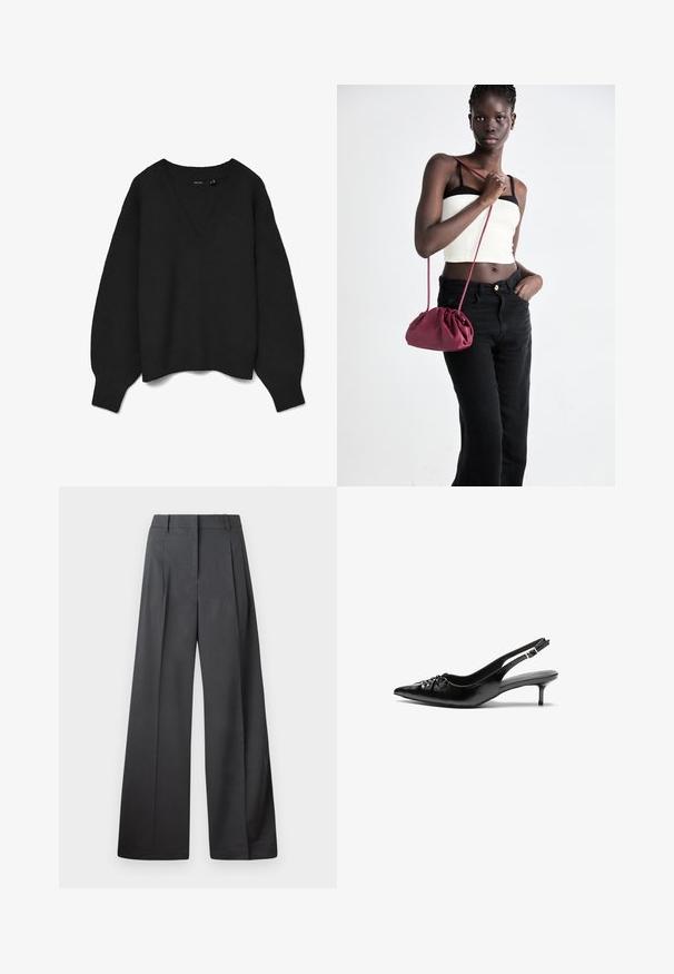 Pull noir en tricot avec un col en V profond, épaules tombantes et poignets et ourlet côtelés. Texture douce avec une coupe oversize. Pas de motifs visibles.; Pantalons à jambes larges en tissu gris foncé, avec une taille haute, des plis simples et une texture lisse avec une finition soignée aux ourlets.; Des escarpins en cuir noir à talon slingback, avec un bout pointu, un petit talon kitten et un détail de nœud décoratif à l'avant. Texture lisse sur toute la surface.; Sac à main en tissu doux bordeaux avec un design froncé et une longue sangle, porté en bandoulière. Le mannequin porte un top court blanc et un jean noir.