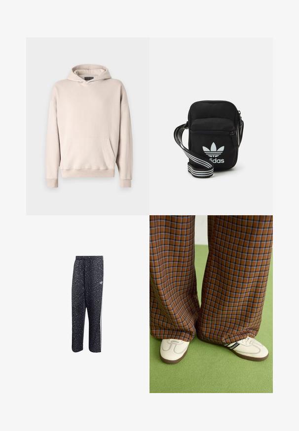 Felpa leggera beige con cappuccio realizzata in tessuto morbido. Presenta una tasca a marsupio, polsini a costine e un design dalla vestibilità rilassata.; Pantaloni sportivi neri con motivo a stampa leopardata, caratterizzati da un design a tre strisce bianche e un logo di un marchio sportivo sul lato.; Pantaloni a pieghe larghi a quadri marroni e blu abbinati a scarpe bianche con dettagli neri e suole testurizzate, posizionati su uno sfondo verde.; Borsa a tracolla in tessuto nero con chiusura a zip, caratterizzata da un logo Adidas bianco e una tracolla regolabile a righe per un facile trasporto.