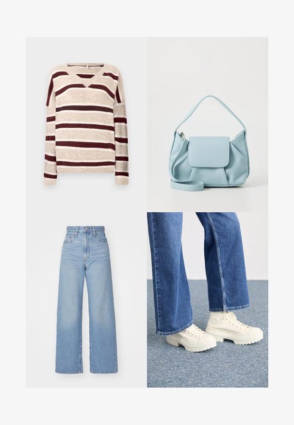 Beiger V-Ausschnitt-Pullover mit dunkelroten und cremefarbenen Streifen. Hat lange Ärmel und einen gerippten Saum. Weicher Stoff und lockere Passform.; Hellblaue High-Waist-Weite-Leg-Jeans mit Knopf- und Reißverschluss vorne, Vorder- und Rückentaschen, auf weißem Hintergrund.; Weiße High-Top-Sneaker mit dicken, geriffelten Sohlen und kreisförmigem Logodetail, getragen mit hellblauen, weit geschnittenen Jeans.; Hellblaues Lederhandtasche mit einem oberen Griff, einer vorderen Klappen-Tasche und einem abnehmbaren Handgelenkriemen auf einem weißen Hintergrund.