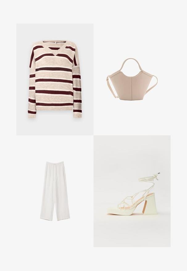 Krémový sveter s V-výstrihom v béžovej farbe so spodnými tmavočervenými a krémovými pruhmi. Má dlhé rukávy a rebrovaný lem. Mäkká textura a voľný strih.; Biele široké nohavice vyrobené z ľahkej tkaniny. Obsahujú elastický pás so sťahovacou šnúrkou a bočné vrecká. Hladká textúra.; Biele sandále na vysokom opätku s hrubým podpätkom, s pruhovaným dizajnom a viazaním na členku. Hladký povrch s platformou vpredu pre zvýšenú výšku.; Béžová kožená kabelka s unikátnym tvarom, vybavená dvoma krátkymi uchami a jedným dlhým nastaviteľným popruhom. Hladký povrch s minimálnym kovovým príslušenstvom.