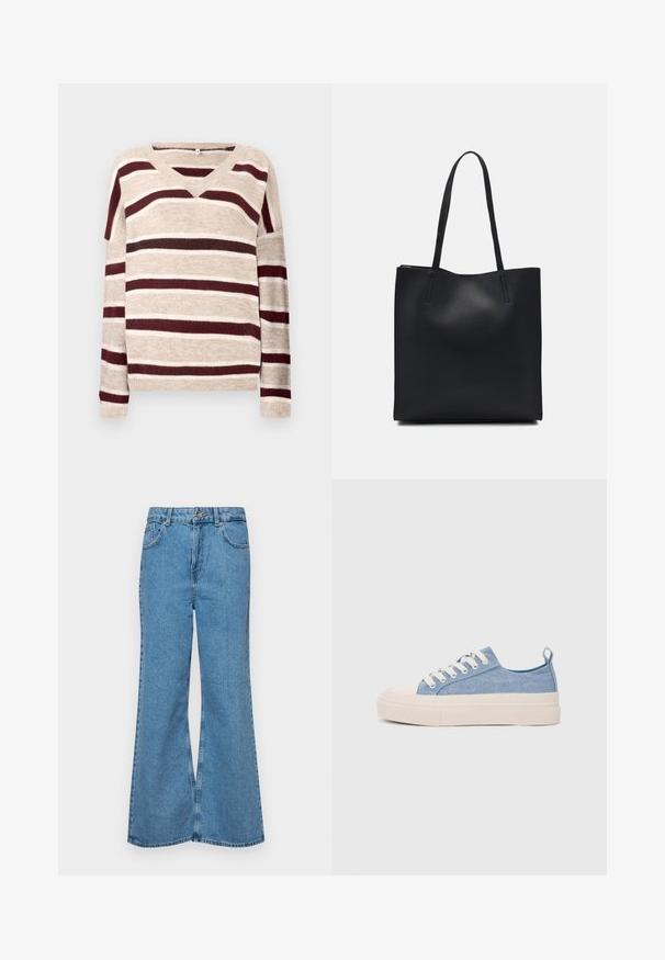 V-neck sweater in beige with dark red and cream stripes. Features long sleeves and ribbed hem. Soft texture and relaxed fit.; Light blue flared jeans made of denim, featuring a high waist, five pockets, and a single button closure. Soft texture with faded finish.; Light blue canvas sneakers with a cream rubber toe cap and outsole, featuring white laces and a pull tab on the heel.; Black leather tote bag with smooth texture, rectangular shape, and two long handles. No visible hardware or embellishments.