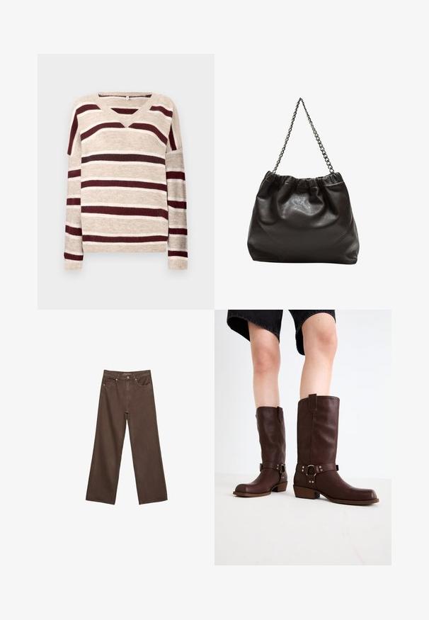 Krémový sveter s V-výstrihom v béžovej farbe so spodnými tmavočervenými a krémovými pruhmi. Má dlhé rukávy a rebrovaný lem. Mäkká textura a voľný strih.; Džínsy s širokými nohavicami v hnedej farbe, vyrobené z denimu, so zvýšeným pásom, prednými vreckami a klasickým zapínaním na gombík. Hladká textúra s jemným prešívaním.; Hnedé kožené vysoké čižmy s okrúhlou špičkou, štruktúrovaným povrchom, opaskom okolo členka a detailmi zo strieborného kovu; s vysokým podpätkom.; Hnedá kožená taška so zberaným vrchom a reťazovým popruhom. Hladký povrch s lesklým finišom a jemným švom po stranách.