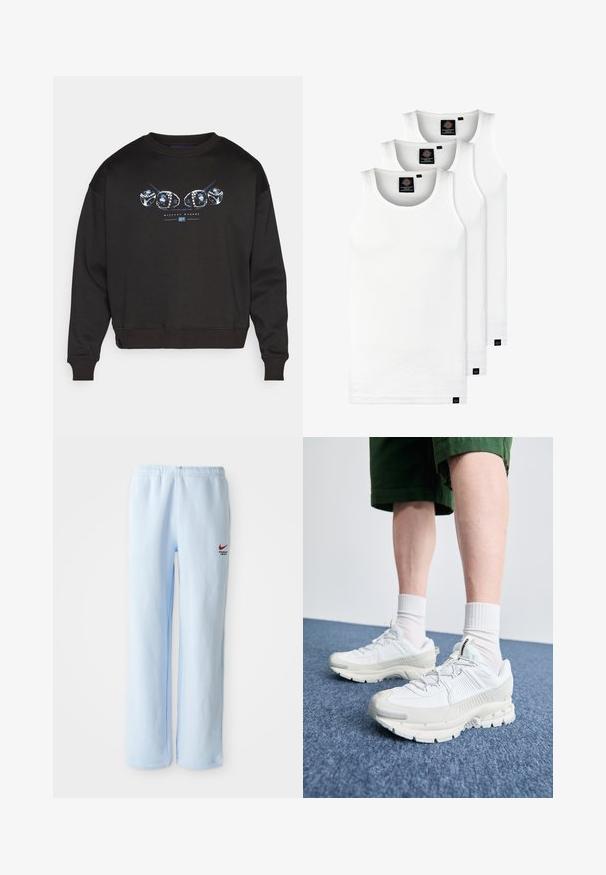 Svart sweatshirt med rund halsringning, med en blå grafisk design av ringar och texten "HISTORY MAKERS" på framsidan.; Tre vita ribbade linnen i bomull. Har rund halsringning och små svarta etiketter vid fållen. Finns i flera storlekar.; Ljust blå svettbyxor med elastisk midja, med en liten röd Nike-logotyp och texten "Athletic Department". Mjuk bomullsmaterial.; Vita atletiska skor med texturerade överlägg, en tjock sula och grå accenter. Bärs med vita strumpor och gröna shorts på en blå yta.