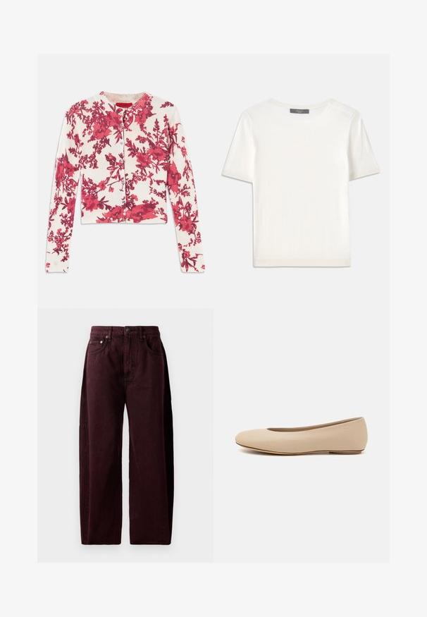 Rote Strickjacke mit floralem Muster aus einem weichen, elastischen Stoff, mit rundem Halsausschnitt und gerippten Bündchen, die eine Knopfleiste auf der Vorderseite hat.; Weißes kurzärmliges Strickoberteil mit rundem Halsausschnitt, das eine glatte Textur und subtile Rippakzente an den Ärmeln und dem Saum aufweist.; Burgunderfarbene weit geschnittene Jeans aus Baumwoll-Denim mit hoher Taille, Fronttaschen und sichtbaren Nähten. Klassisches Fünf-Taschen-Design.; Beige Leder-Ballerina mit runder Zehenform, minimaler Nahtgestaltung, niedrigem Absatz und dezentem Logo auf der Rückseite. Glatte, matten Oberfläche.