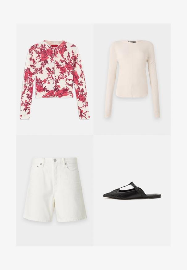 Rote Strickjacke mit floralem Muster aus einem weichen, elastischen Stoff, mit rundem Halsausschnitt und gerippten Bündchen, die eine Knopfleiste auf der Vorderseite hat.; Langärmliges, hellbeiges Oberteil mit rundem Ausschnitt. Aus weichem Stoff gefertigt, verfügt es über eine zentrale Naht und einen leicht geschwungenen Saum. Keine sichtbaren Beschläge.; Weiße Jeansshorts mit geradem Schnitt, Fünf-Taschen-Design, vorderem Knopfverschluss, silberner Hardware und genähten Details.; Schwarzer Leder-Slingback-Schuh mit spitzem Zehenbereich, ausgestattet mit einem geflochtenen Akzent und einem gefalteten Oberdesign. Flache Sohle mit minimalem Zubehör.