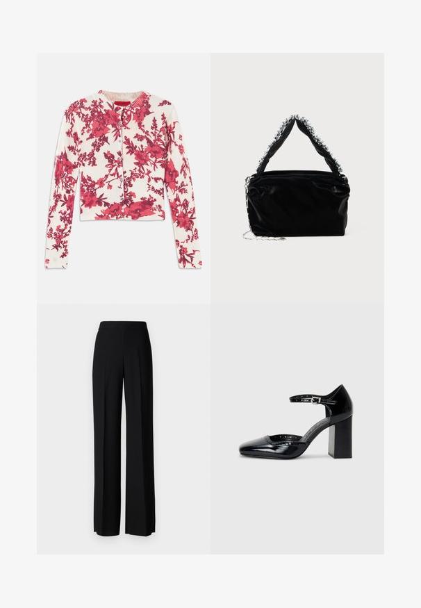 Red floral-patterned cardigan in a soft, stretchy fabric with a round neckline and ribbed cuffs, featuring button closure down the front.; Black wide-leg trousers with a smooth texture, featuring a high waistband and center pleats. No visible patterns or hardware details.; Black patent leather high-heeled shoes with a square toe, ankle strap, and a chunky heel. Includes perforated detailing along the rim.; Black faux leather handbag with a textured finish, featuring a beaded silver accent along the top handle and a chain strap.
