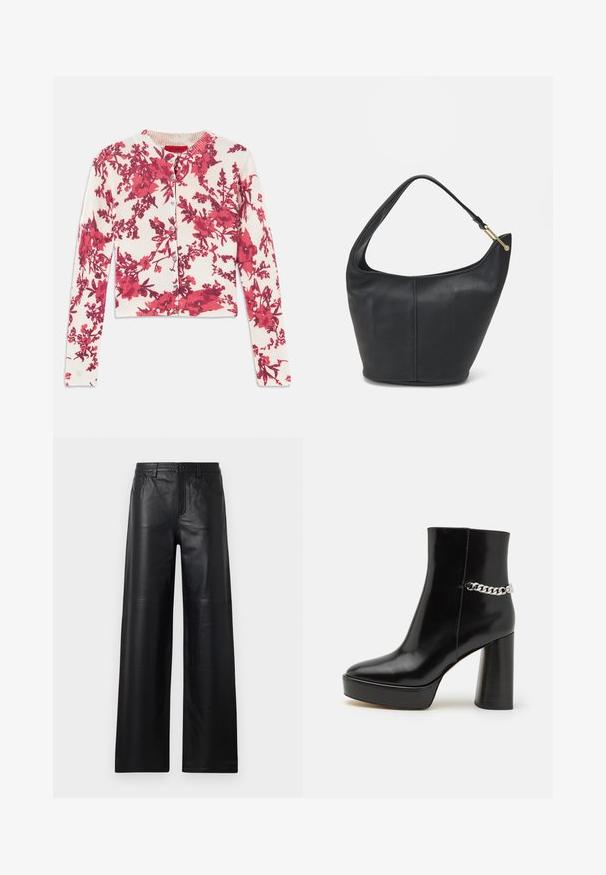 Röd blommönstrad kofta i ett mjukt, elastiskt material med rund halsringning och ribbade muddar, med knäppning framtill.; Breda svarta läderbyxor med en slät yta, utrustade med framfickor, knappstängning och subtila söm detaljer.; Svart lackläder ankelboot med chunky plattform och hög klack. Har en silverkedja som accent på sidan. Slät textur.; Svart läderhandväska med rundad form, bred axelrem och texturerad yta. Har en diskret sömdetalj och accenter i guldton.