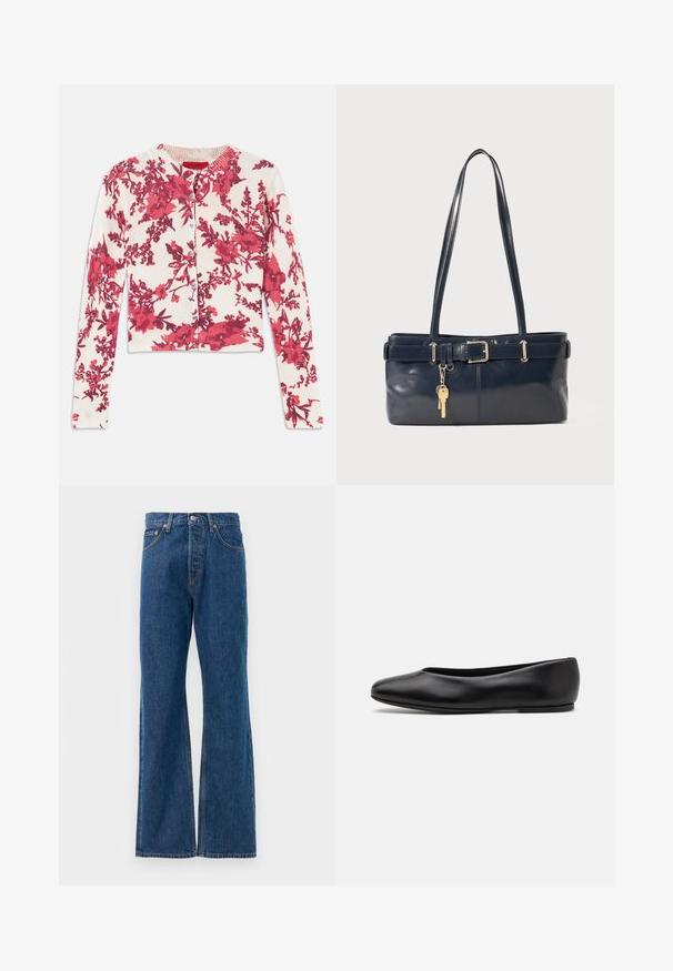 Rote Strickjacke mit floralem Muster aus einem weichen, elastischen Stoff, mit rundem Halsausschnitt und gerippten Bündchen, die eine Knopfleiste auf der Vorderseite hat.; Blaue, ausgestellte Jeans aus Denim mit hoher Taille, fünf Taschen, silbernem Knopfverschluss und sichtbaren Nähten.; Paul Smith TOPANGA - Klassischer Ballerina - black; Marineblaue Lederhandtasche mit zwei langen Griffen, einer Schnallen-Detailierung und einem daran befestigten Schlüsselanhänger. Besitzt eine glatte Textur und eine rechteckige Form.