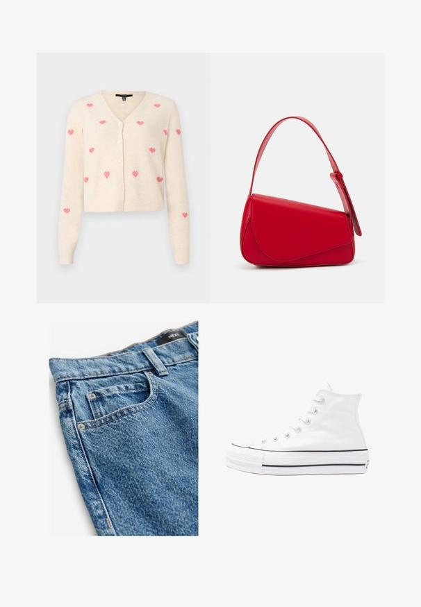 Kremkrāsas kardigāns ar V veida kakla izgriezumu, kuram ir teksturēti rozā sirds raksti. Tam ir pogu aizdare un riboti piedurkņu gali.; Denim džinsi vidēji zila krāsā ar nolobītu tekstūru. Iekļauj piecus kabatas, vara kniedes un izšūtas detaļas gar šuvēm.; Balti augstie kanvas sporta apavi ar melnu gumijas zoli, priekšējo gumijas purngalu un sešām acīm lencēm, kuriem ir tīrs, minimālistisks dizains.; Sarkans ādas rokassomi ar stūrainu, ģeometrisku dizainu. Iekļauj vienu regulējamu siksnu un vāku ar izšūtu detaļu.