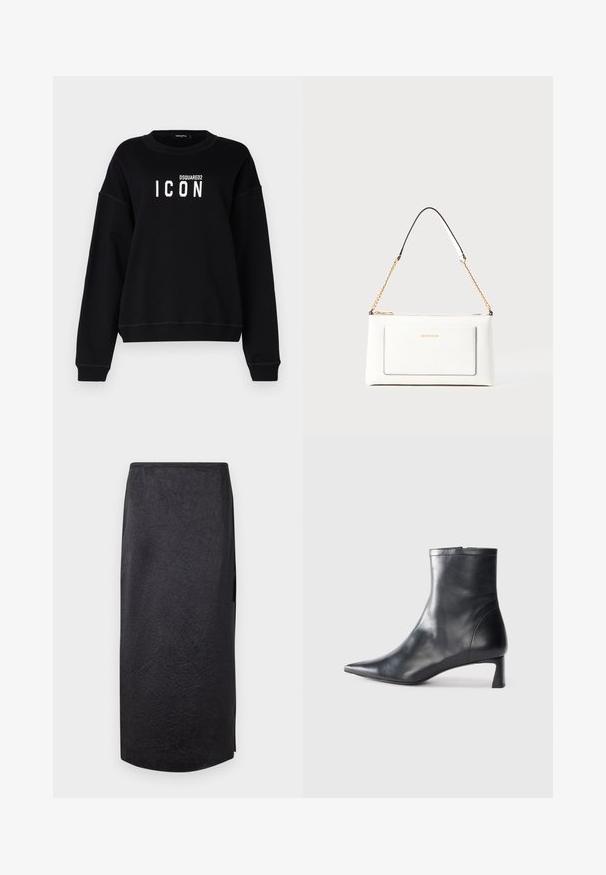 Zwarte sweatshirt met een ronde hals, voorzien van een witte "ICON" grafiek en het "DSQUARED2" logo. Zachte stof, losse pasvorm, geribbelde manchetten.; Zwarte midi-rok met een gekreukt textuur, rechte snit en zijsplit. Materiaal lijkt lichtgewicht. De zoomlijn is iets afgerond.; Zwarte leren enkellaars met een spitse neus en een slank ontwerp. Heeft een lage hak en een ritssluiting aan de achterkant. Gladde textuur.; Witte leren handtas met een textuurafwerking, voorzien van een gouden schouderhengsel en zwarte accenten. Inclusief een voorvak en ritssluiting.