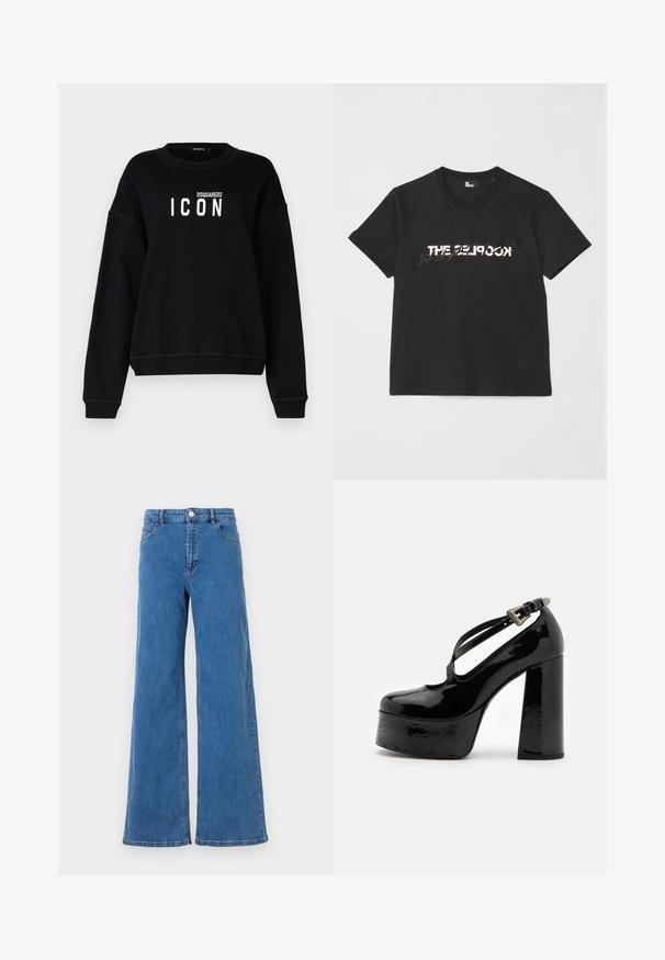 Zwarte sweatshirt met een ronde hals, voorzien van een witte "ICON" grafiek en het "DSQUARED2" logo. Zachte stof, losse pasvorm, geribbelde manchetten.; Zwarte katoenen t-shirt met korte mouwen, met een bedrukte witte en grijze "THE 2LOOK"-ontwerp over de voorkant. Klassieke ronde hals.; Brede blauwe denim jeans met een hoge taille, voorzakken en een knoopsluiting. De stof heeft een gladde textuur en een klassiek stikselpatroon.; The Kooples CHAUSSURES - Hoge hakken - black