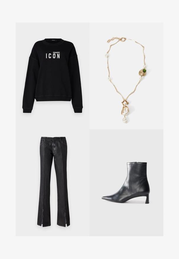 Black sweatshirt with a crew neckline, featuring a white "ICON" graphic and "DSQUARED2" logo. Soft fabric, relaxed fit, ribbed cuffs.; Black flared trousers with a glossy finish, featuring two front pockets and slits near the hem, made from durable fabric.; Black leather ankle boot with a pointed toe and a sleek design. Features a low heel and a zipper closure at the back. Smooth texture.; Gold-tone necklace with twisted links, white pearls, and a green stone accent. Features intricate details and a clasp for fastening.