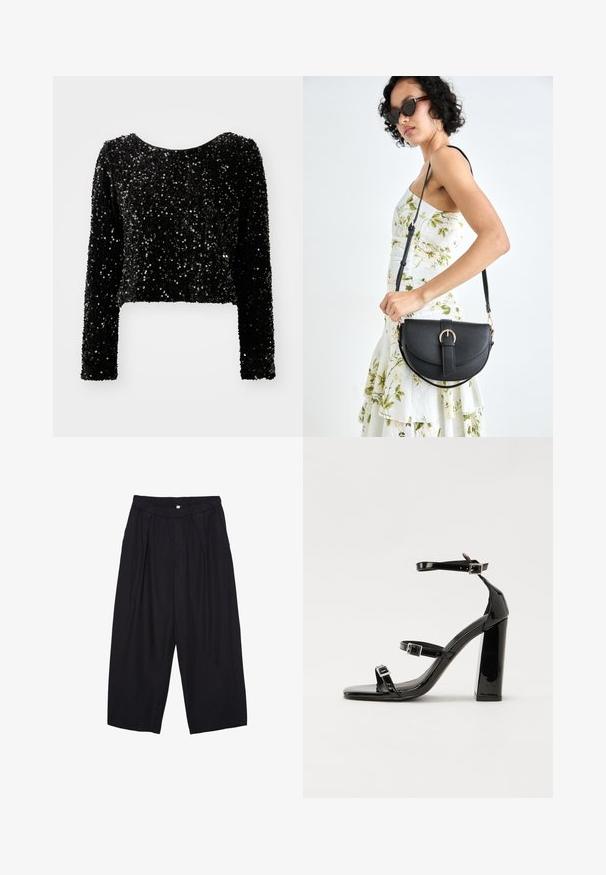 Čierny skrátený top s dlhými rukávmi vyrobený z flitrového materiálu, ktorý má zaoblený výstrih a textúrovaný povrch s trblietavými flitrami.; Čierne polyesterové culotte nohavice s elastickým pásom, dvoma prednými záhybmi a voľným strihom. Žiadne viditeľné vzory ani detaily z kovu.; Čierne lakované sandále na podpätku so štvorcovou špičkou, navlečenými remienkami okolo členku a striebornými prackami. Disponujú masívnym blokovým podpätkom pre stabilitu.; Čierna kožená kabelka s zaobleným tvarom, odnímateľným popruhom a zlatými doplnkami. Kabelka má klopu s detailom s prackou.
