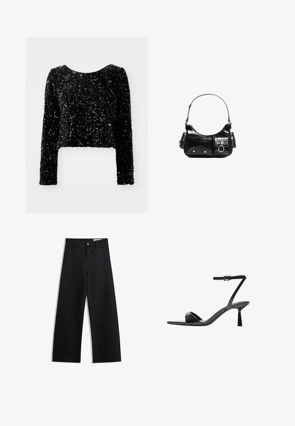 Črn, skrajšan top z dolgimi rokavi iz bleščečega materiala, ki ima okrogel izrez in teksturirano površino bleščic.; Črne široke denim hlače z visokim pasom, ki imajo sprednje in zadnje žepe, šivane šive ter gumbasto zapiranje. Gladka tekstura.; Bershka Sandali z visoko peto - black; Črna lakasta usnjena torbica s ukrivljeno obliko, enim ramenskim trakom, sprednjimi žepi in srebrnimi kovinskimi dodatki.
