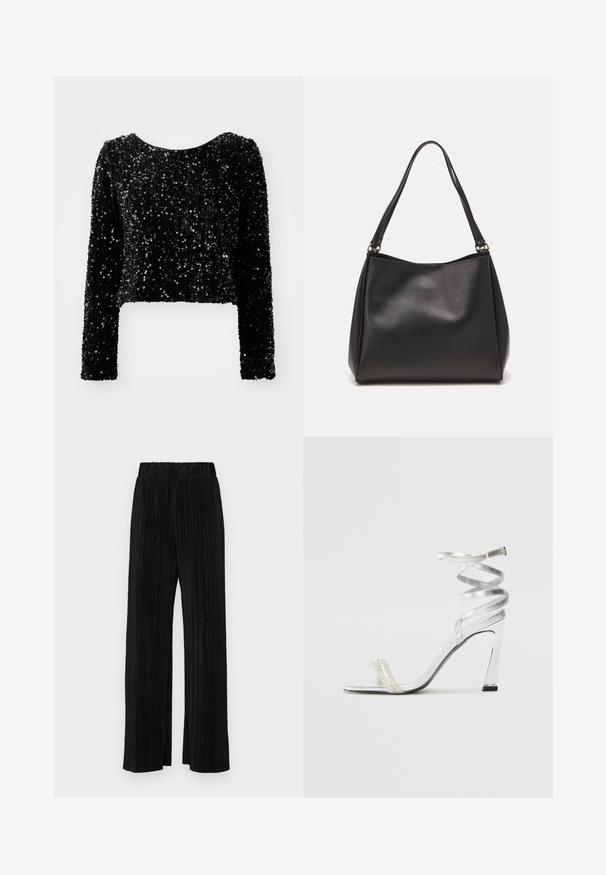Fekete, rövidre vágott, hosszú ujjú póló flitteres anyagból, lekerekített nyakkivágással és csillogó flitterekből készült texturált felülettel.; Fekete pliszírozott nadrág gumis derekkal. Széles lábakkal rendelkezik, sima, texturált anyagból készült, függőleges csíkokkal.; Ezüst színű, magas sarkú szandál, csillogó pánt dizájnnal, gyöngyszerű díszítéssel és spirális bokapánttal a biztos illeszkedés érdekében.; Fekete szintetikus bőr kézitáska puha tapintással, hobo forma, és dupla vállpánt; fényes felülettel és minimál stílussal rendelkezik.
