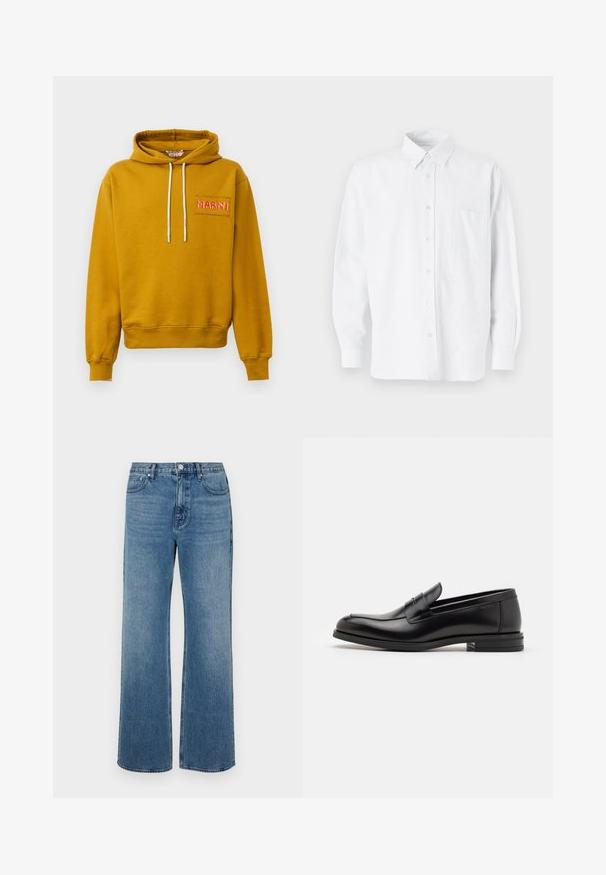 Felpa con cappuccio color giallo senape realizzata in cotone; presenta una tasca frontale con "MARNI" ricamato in cucitura rosa e lacci bianchi.; Camicia bianca con colletto, dotata di sottili righe verticali, maniche lunghe, taschino sul petto e orlo arrotondato classico.; Jeans a gamba larga blu in denim con una finitura sbiadita. Presentano cinque tasche, una chiusura con bottone frontale e una vestibilità dritta.; Mocassini neri in pelle con una texture liscia, punta arrotondata e una striscia decorativa sulla tomaia. Tacco basso impilato, design minimalista.